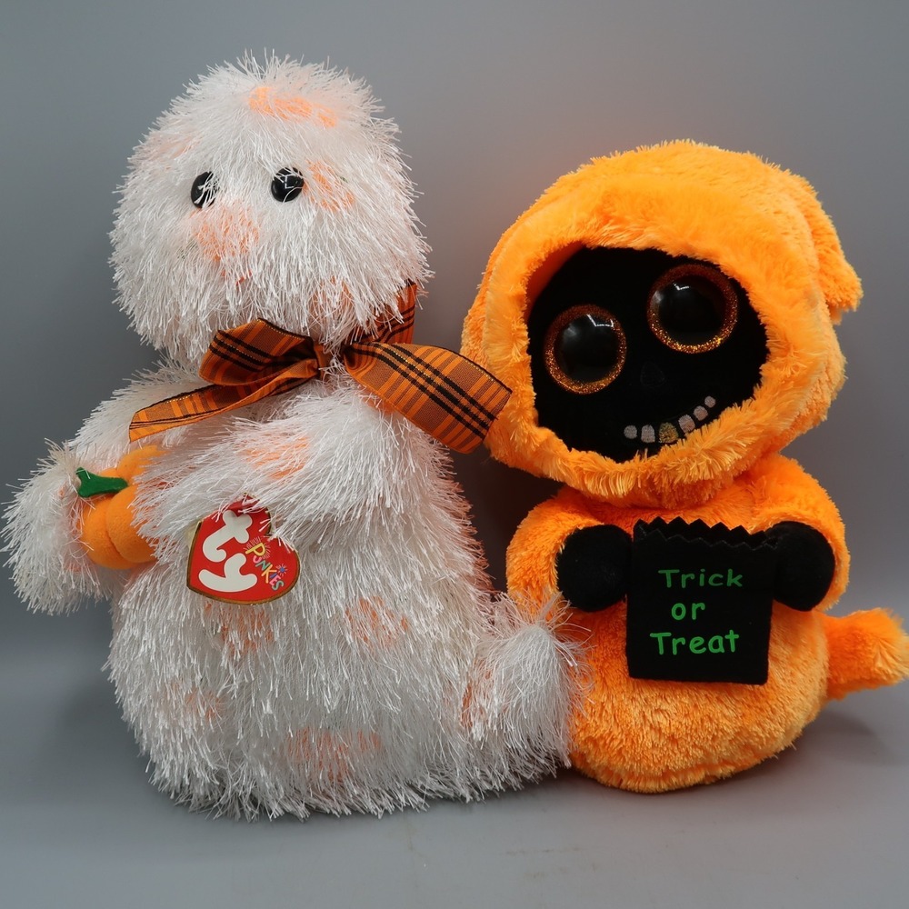 TY Beanie Buddy Punkies Halloween Ghost Shriekers & Grinner Orange 10 in Lot Set